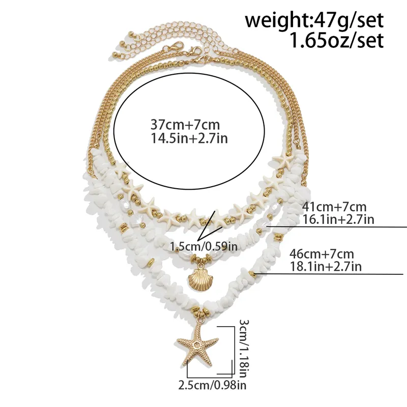 3pcs/Set Irregular Stone Chain Seashell Starfish Pendant Necklaces
