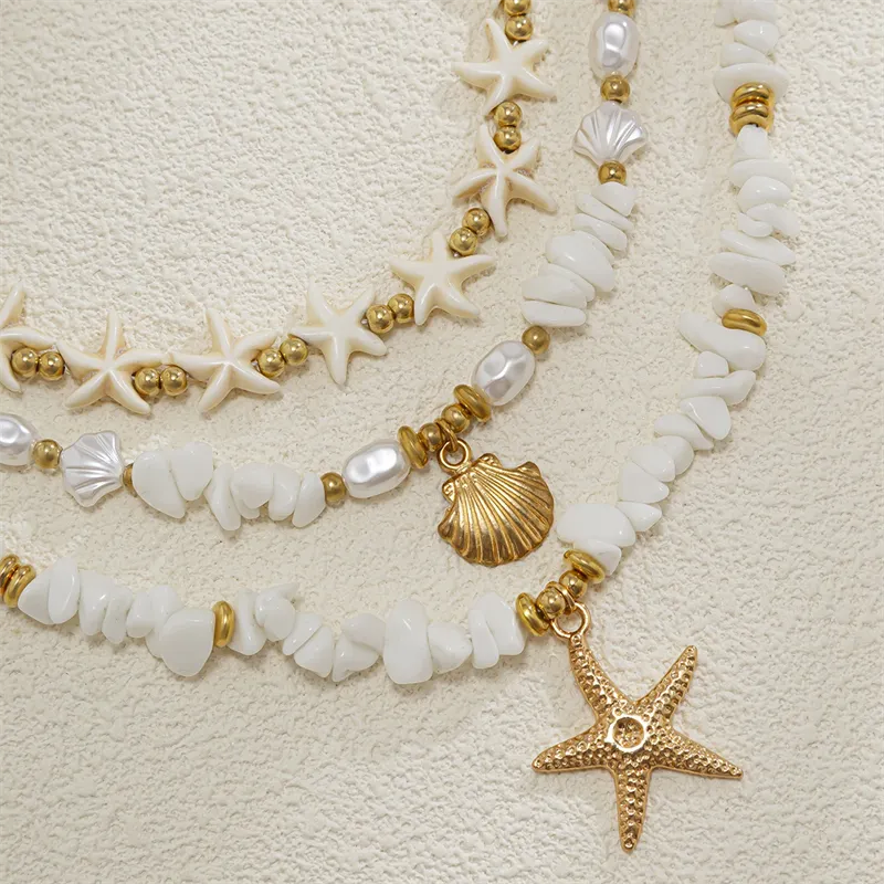 3pcs/Set Irregular Stone Chain Seashell Starfish Pendant Necklaces