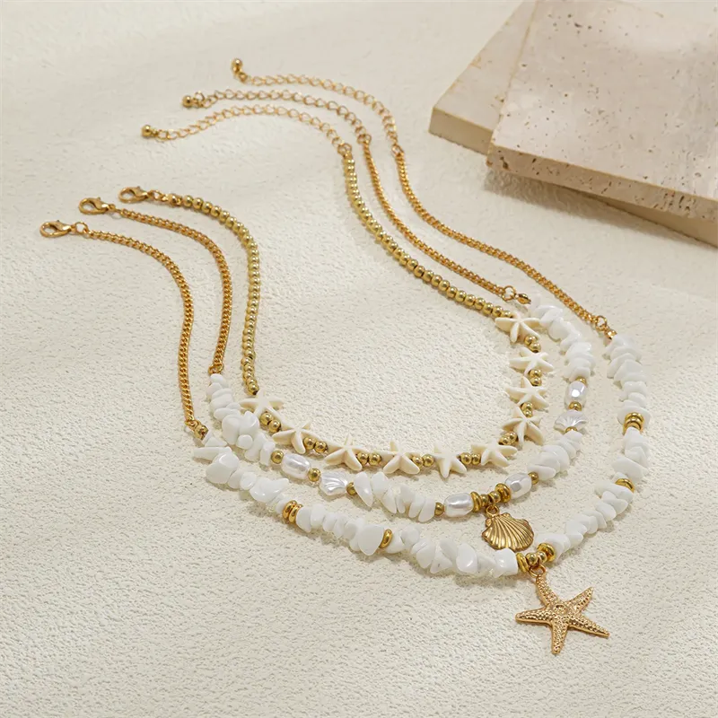 3pcs/Set Irregular Stone Chain Seashell Starfish Pendant Necklaces