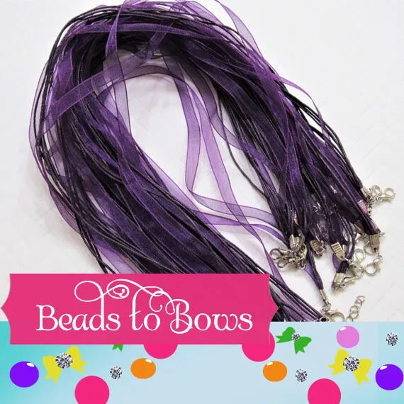 5 For 1.99 Purple Ribbon 17in. Organza Ribbon and Cord Necklace, Bottlecap Supply, Pendant Necklace, Jewelry Supply, Bottlecap Necklace