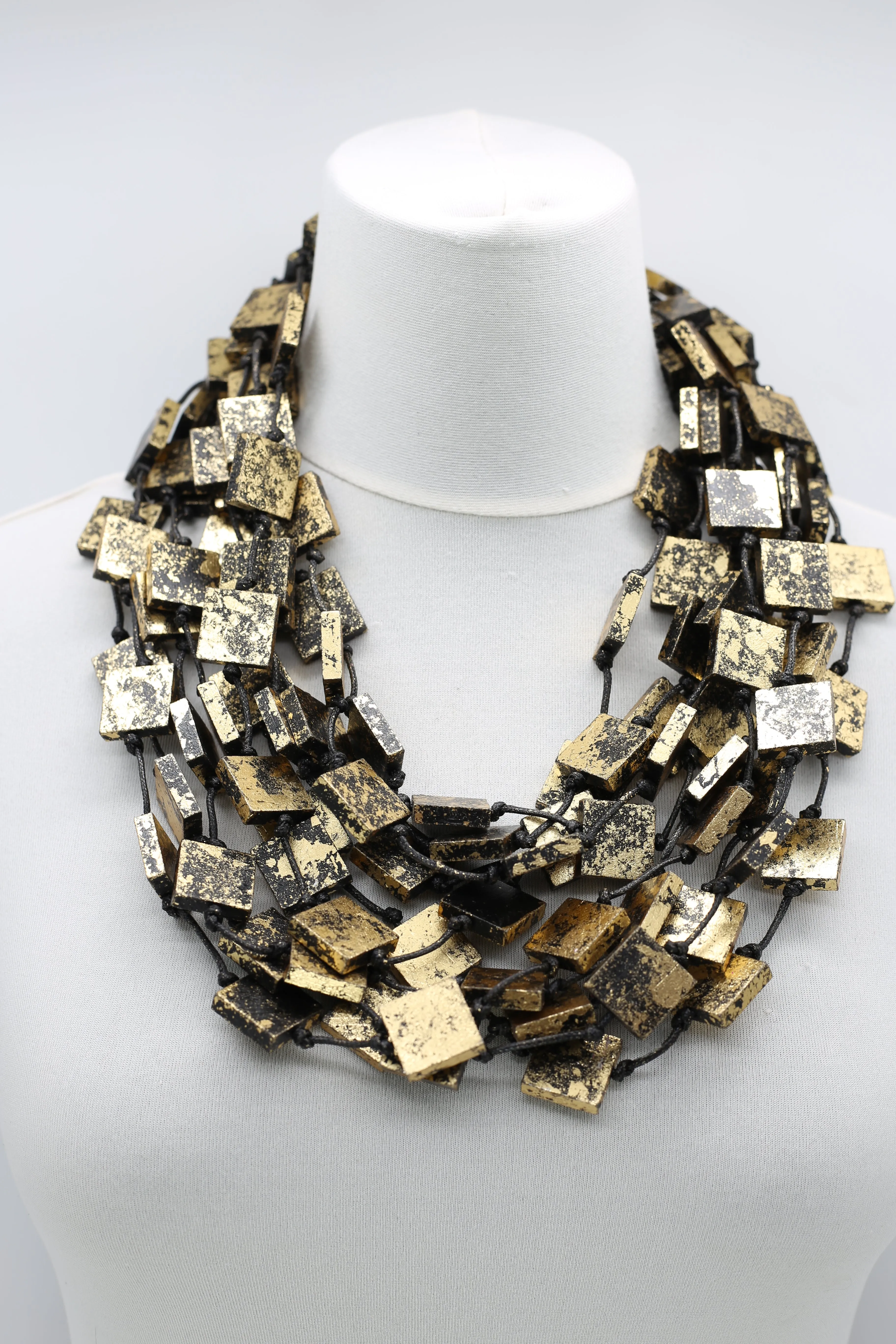 5 STRAND RECYCLED WOOD SQUARES NECKLACES - HAND GILDED - SMALL