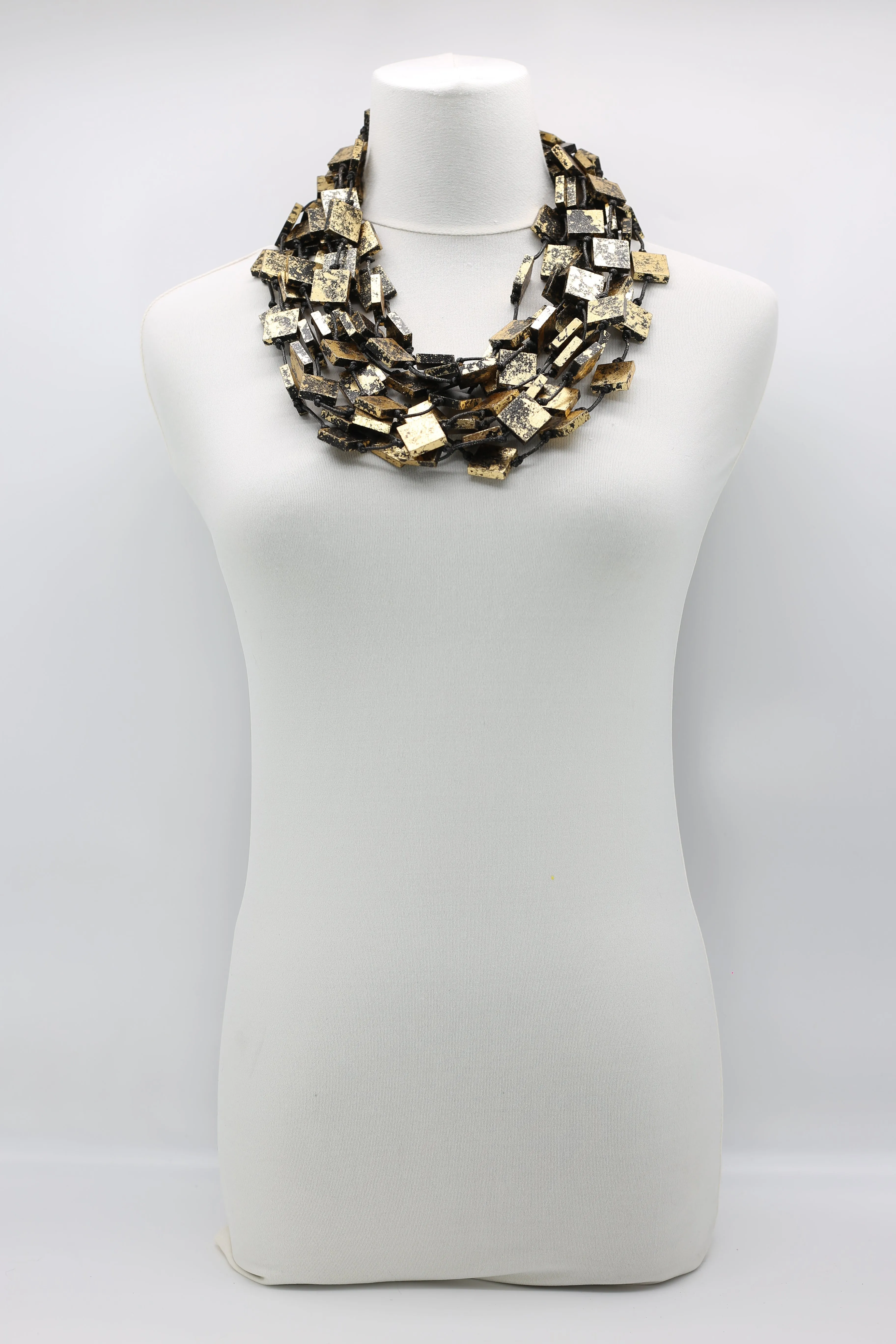 5 STRAND RECYCLED WOOD SQUARES NECKLACES - HAND GILDED - SMALL