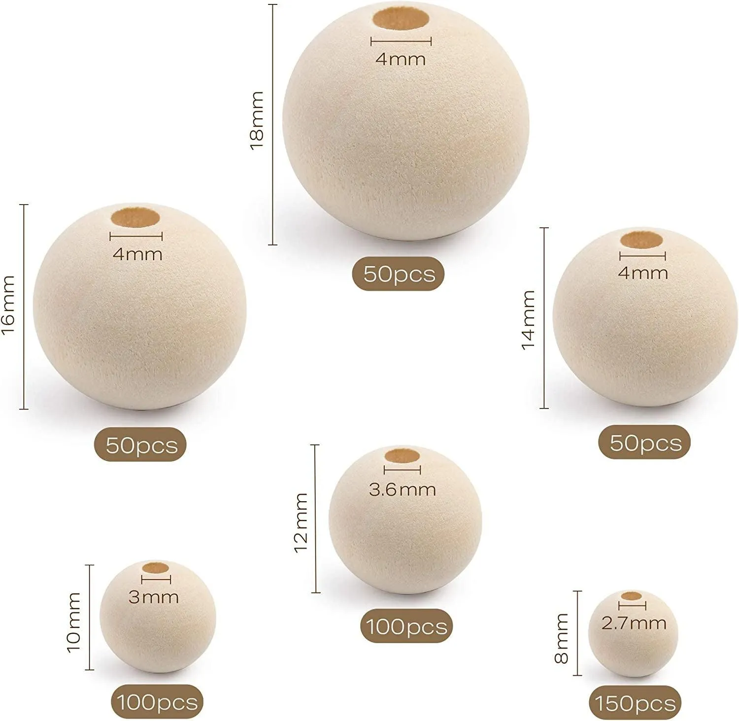 500Pcs Wooden Beads 6 Sizes Unfinished Natural Wood Crafts round Predrilled Balls Jewelry 8Mm 10Mm 12Mm 14Mm 16Mm 18Mm