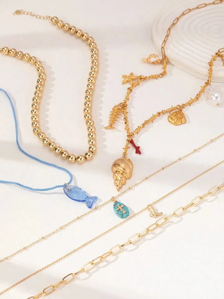 6 Pcs Ocean Sea Shell Starfish Multi Charms Stacked Summer Necklaces Set For Women
