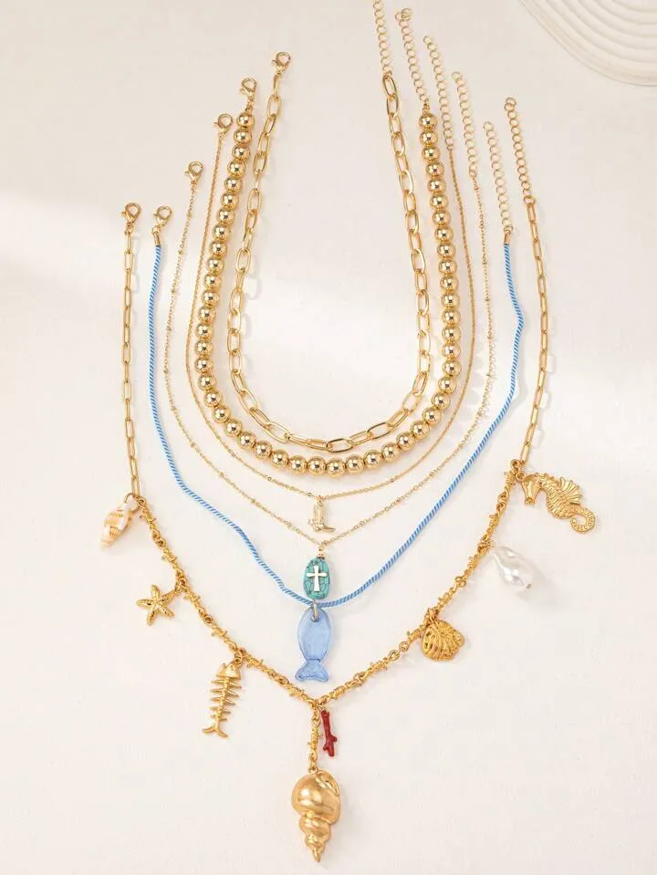 6 Pcs Ocean Sea Shell Starfish Multi Charms Stacked Summer Necklaces Set For Women