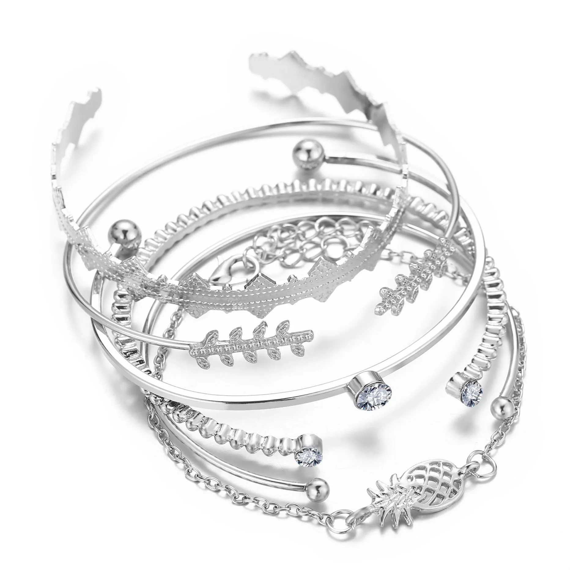 6 Piece Geometric Bangle Set With Austrian Crystals 18K White Gold