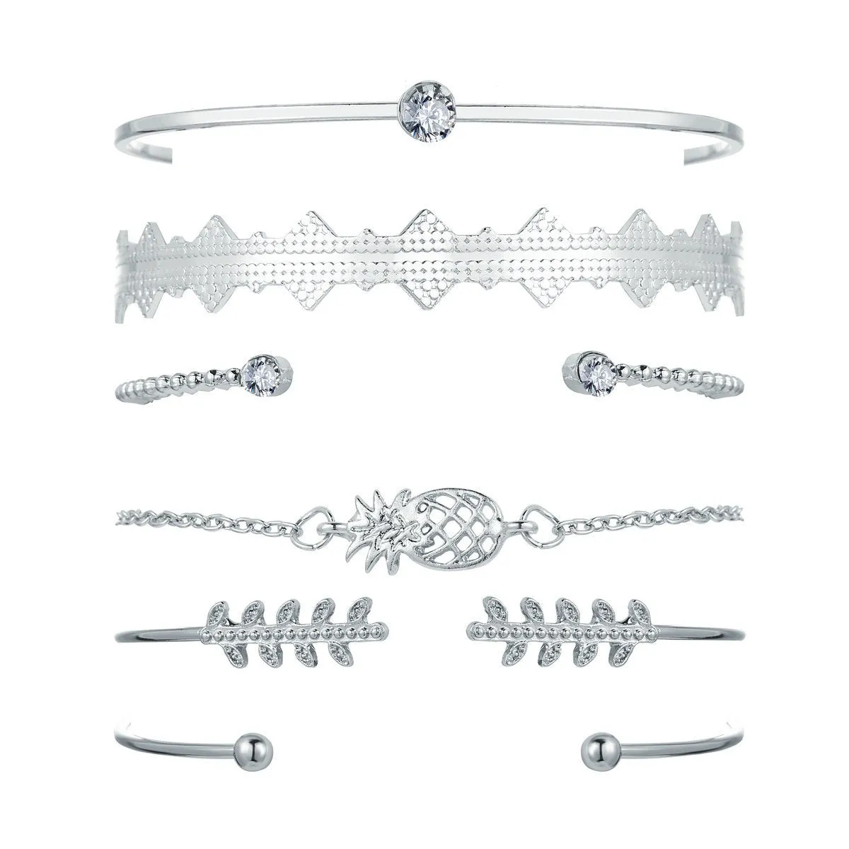 6 Piece Geometric Bangle Set With Austrian Crystals 18K White Gold