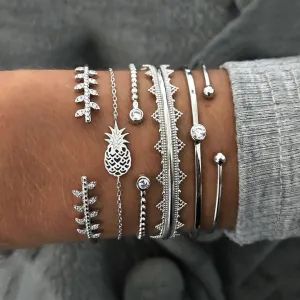 6 Piece Geometric Bangle Set With Austrian Crystals 18K White Gold