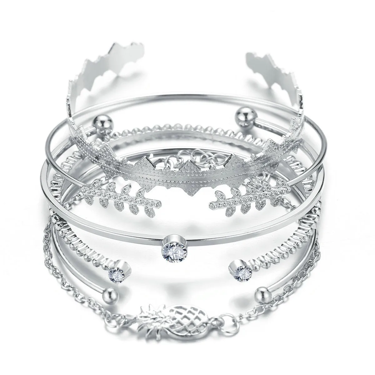 6 Piece Geometric Bangle Set With Austrian Crystals 18K White Gold