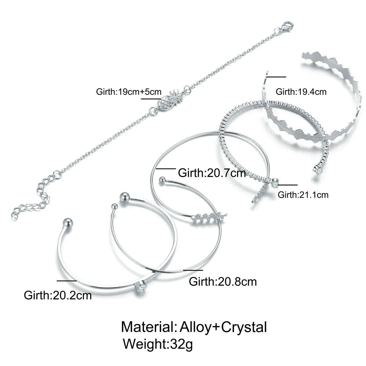 6 Piece Geometric Bangle Set With Austrian Crystals 18K White Gold