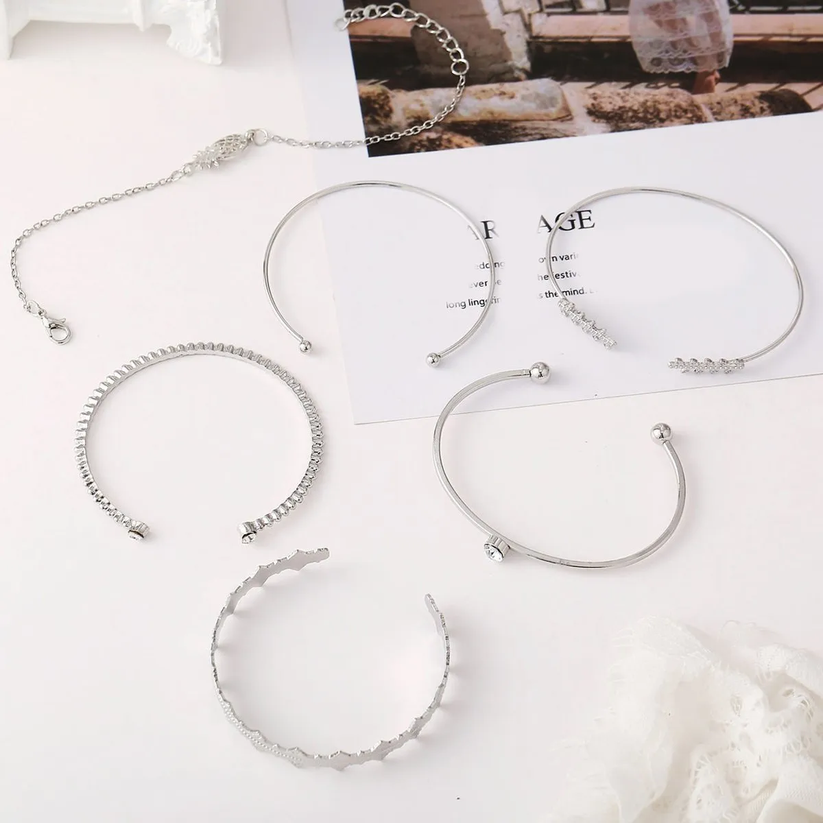6 Piece Geometric Bangle Set With Austrian Crystals 18K White Gold