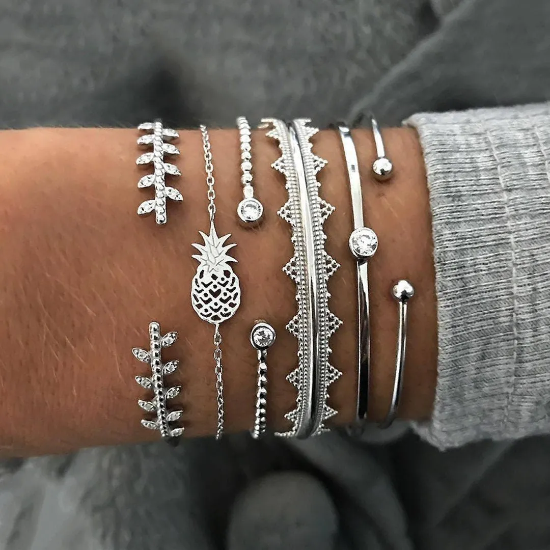 6 Piece Geometric Bangle Set With Austrian Crystals 18K White Gold