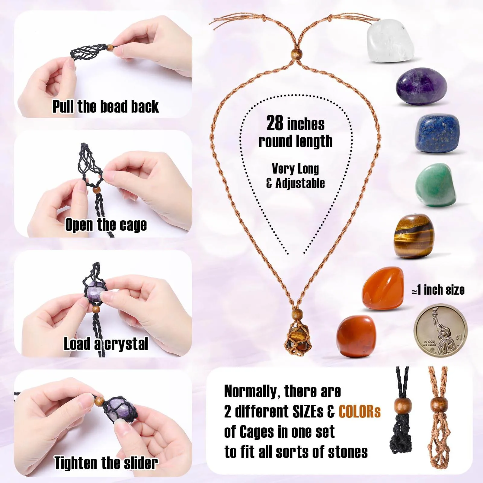 7 Chakra Healing Crystal Necklace Set - Boho Handmade Cord Cage and Hippie Energy Pendant Holder Real Crystal and Healing Stone Jewelry Spiritual Gift for Women Teen Christmas Gifts