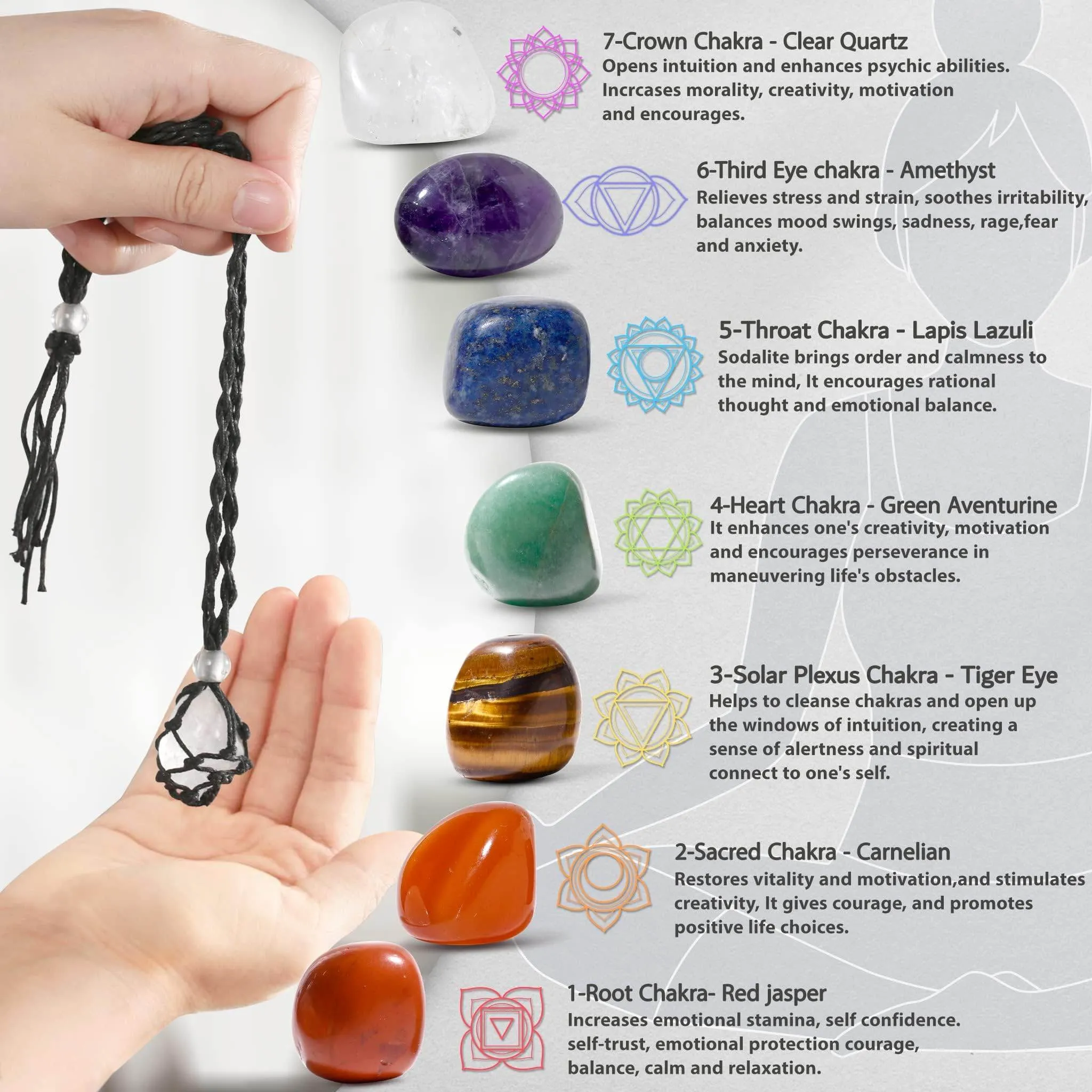 7 Chakra Healing Crystal Necklace Set - Boho Handmade Cord Cage and Hippie Energy Pendant Holder Real Crystal and Healing Stone Jewelry Spiritual Gift for Women Teen Christmas Gifts