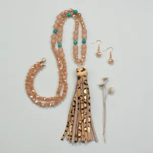 72734 - Animal Print Beaded Tassel Necklace - Leopard