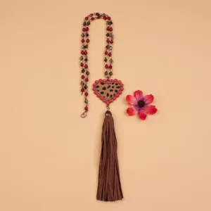 72737 - Beaded Leopard Heart Necklace - Red