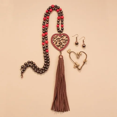 72741 - Tassel Leopard Heart Necklace - Red & Copper
