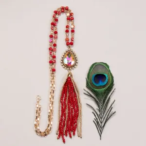 72771 - Rhinestone Beaded Tassel Necklace - Red