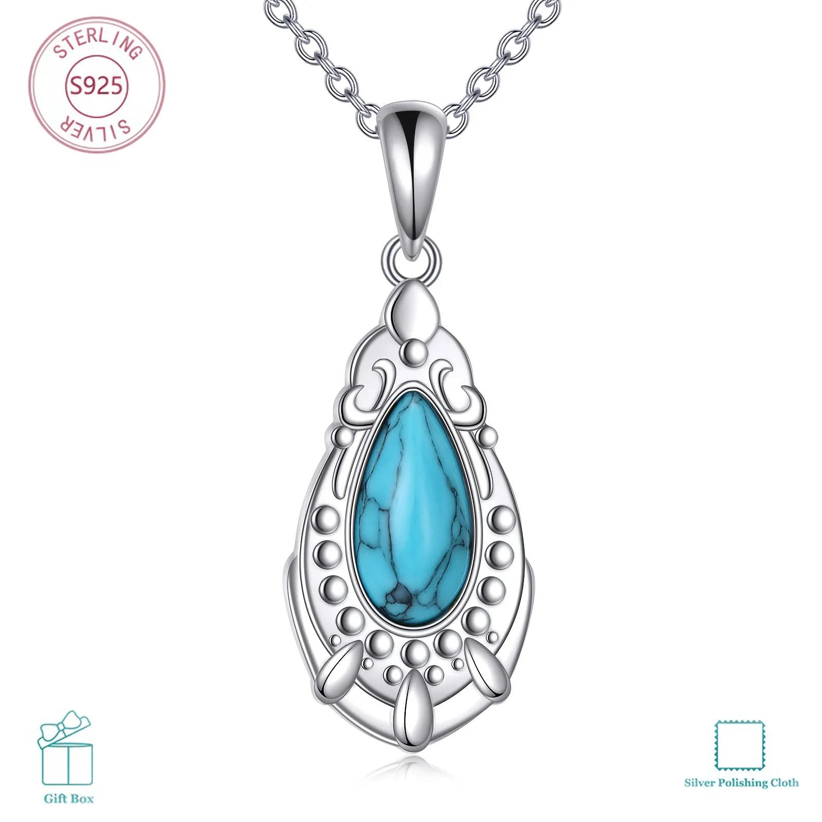 925 Sterling Silver Turquoise Pendant Necklace Western Style Jewelry