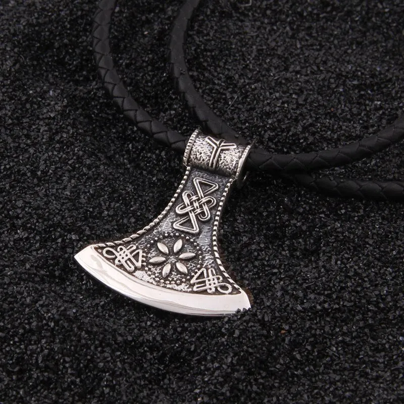 925 Sterling Silver Viking Vegvisir Rune And Celtic Knot Ax Necklace With Keel Necklace And Leather Chain And Wood Box As Gift - Necklaces