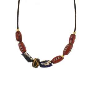 A Red, Blue,   Black Antique Glass Bead Necklace