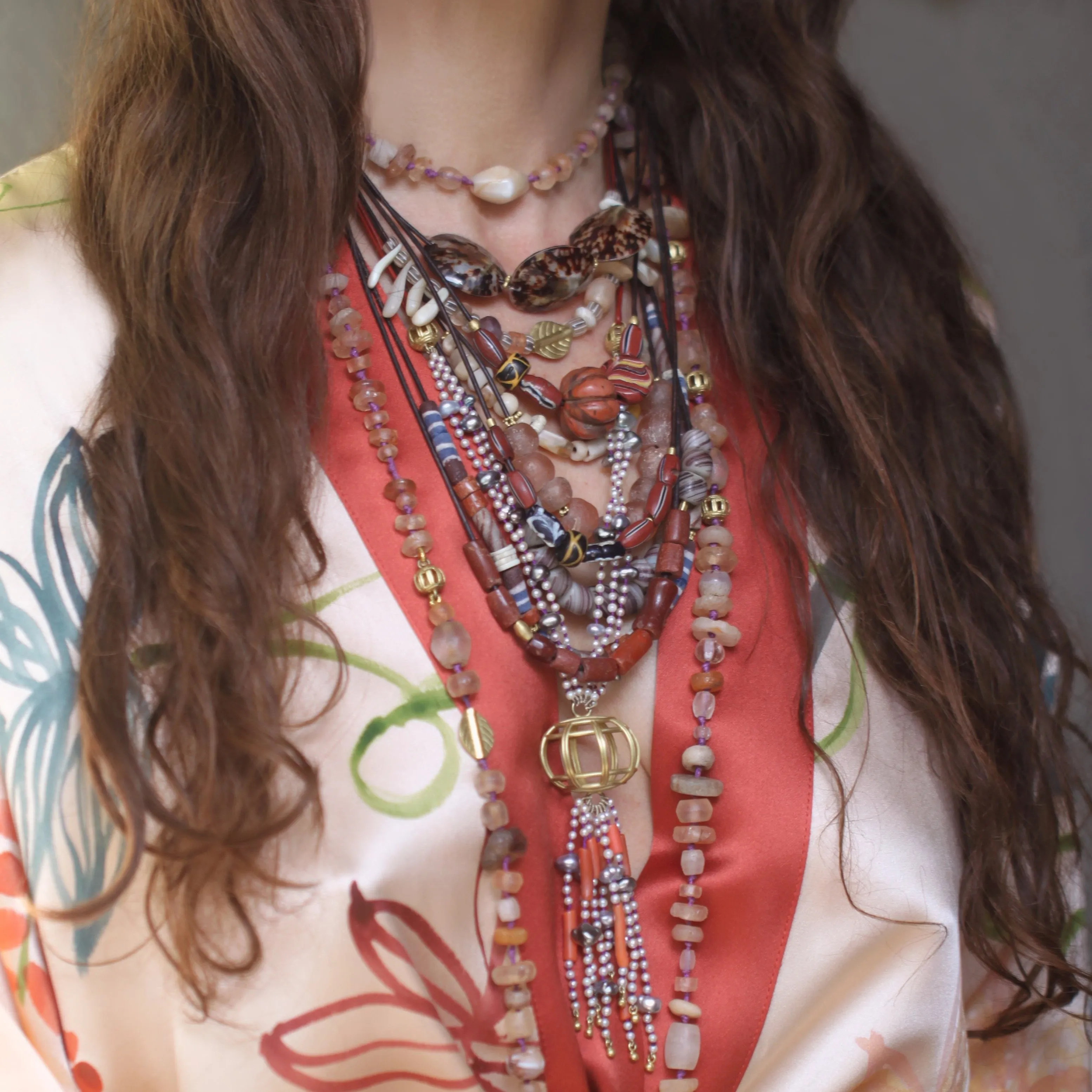 A Red, Blue,   Black Antique Glass Bead Necklace