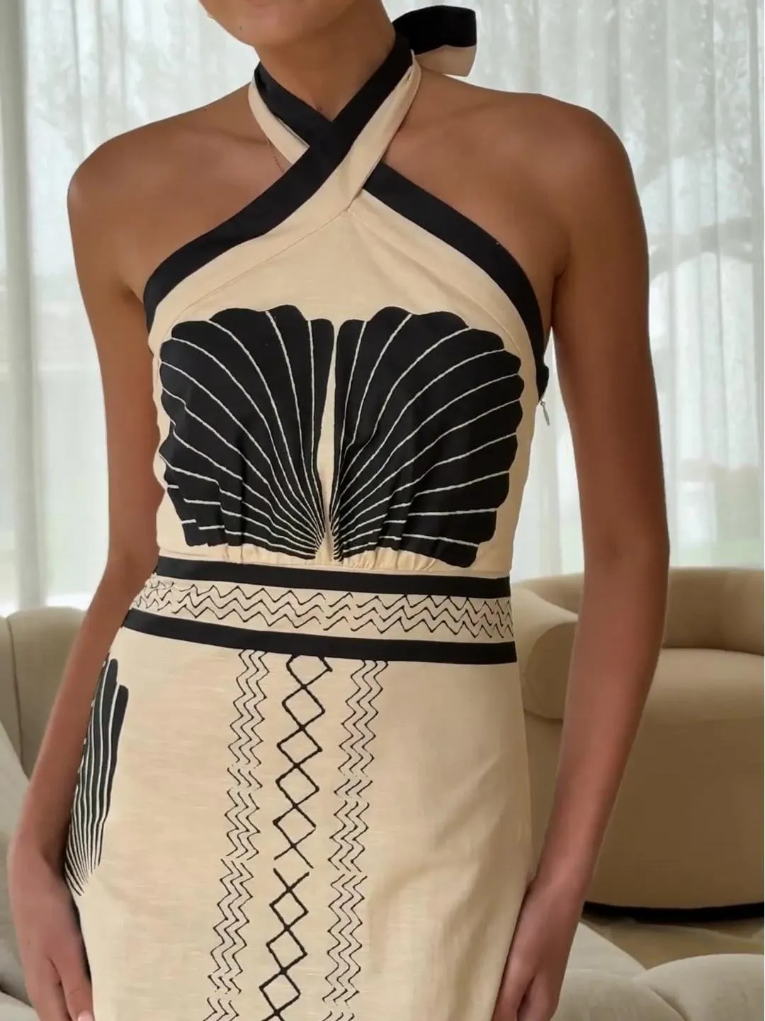 A Shell Print Off-The-Neck Cinched Waist A-Line Dress