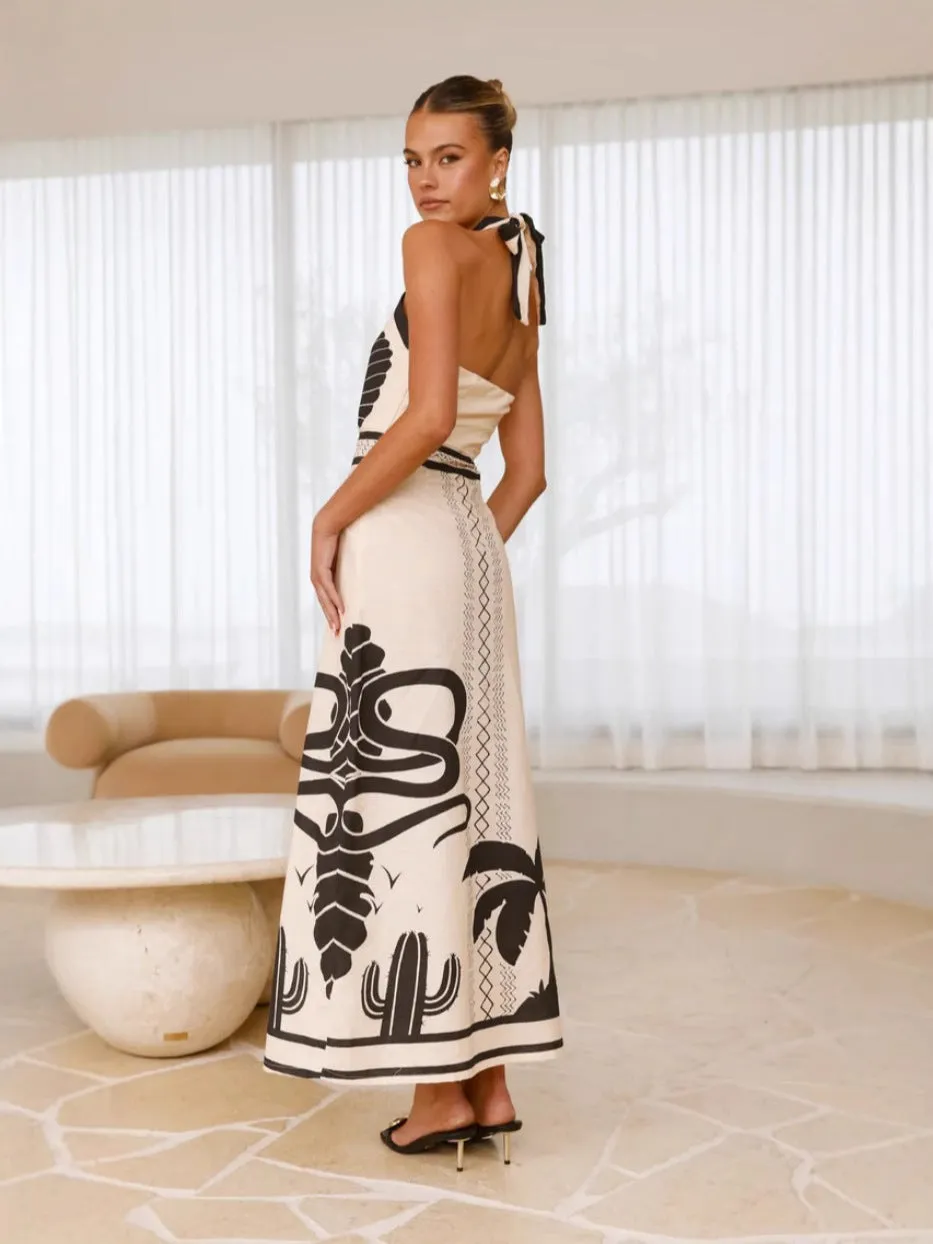 A Shell Print Off-The-Neck Cinched Waist A-Line Dress