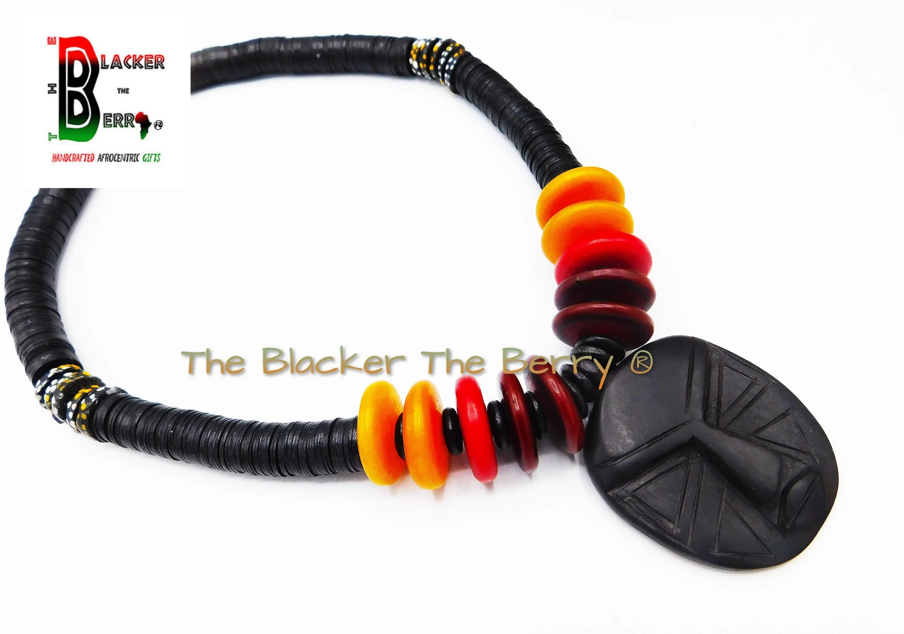 African Ebony Wooden Ethnic Jewelry Necklaces Black Red Handmade Black Owned