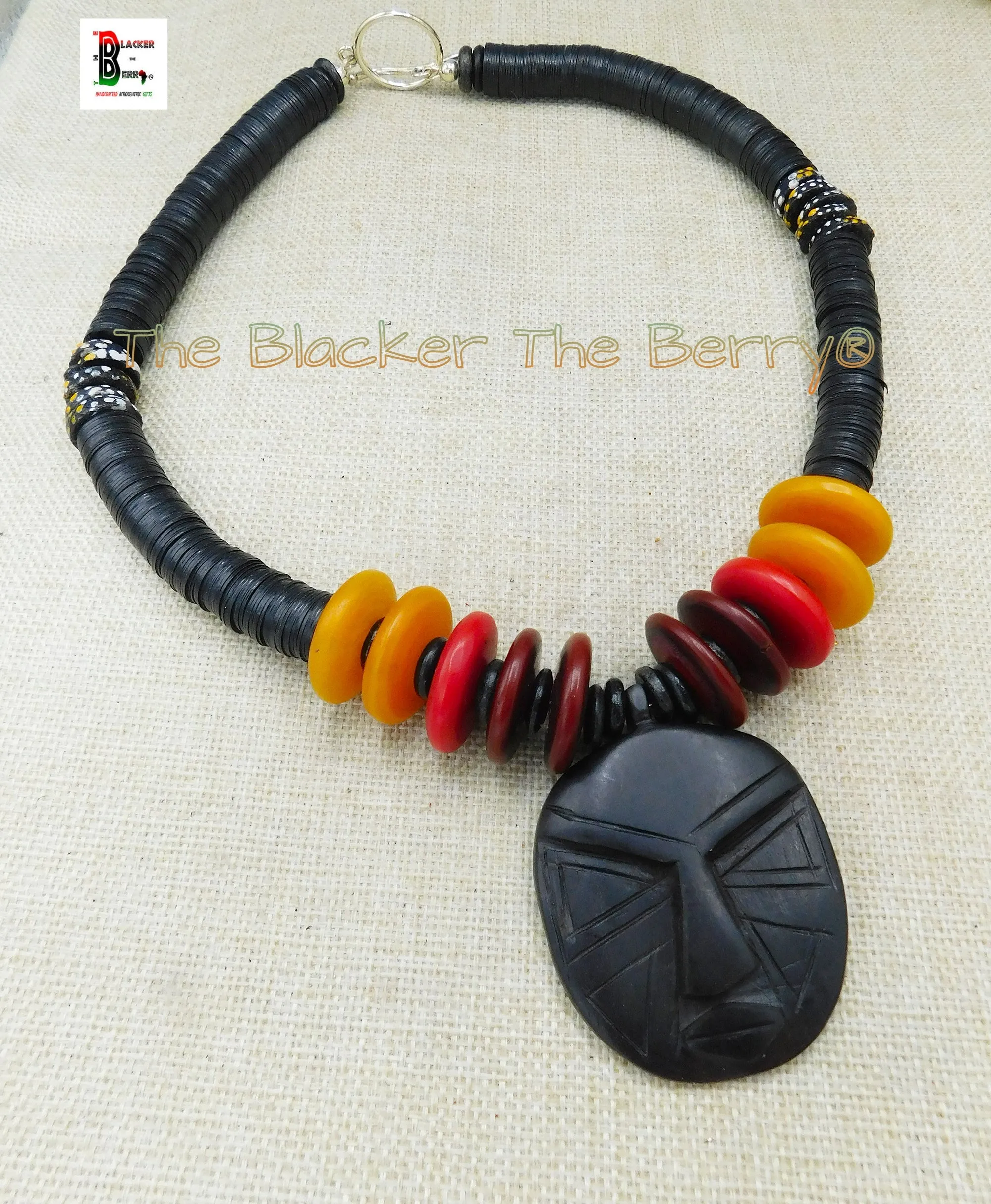 African Ebony Wooden Ethnic Jewelry Necklaces Black Red Handmade Black Owned