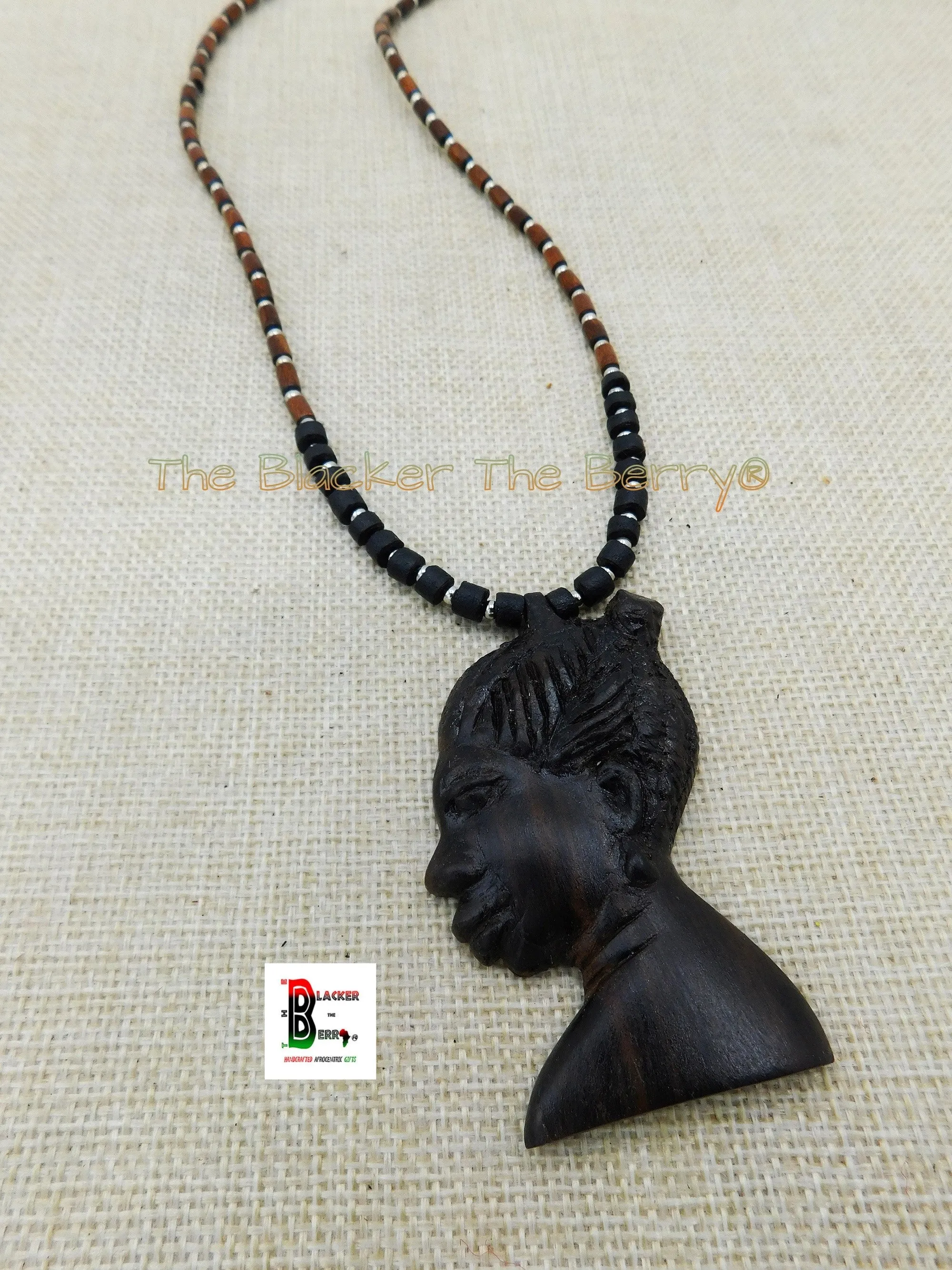 African Women Carved Ebony Wooden Necklace Handmade Jewelry Black Owned