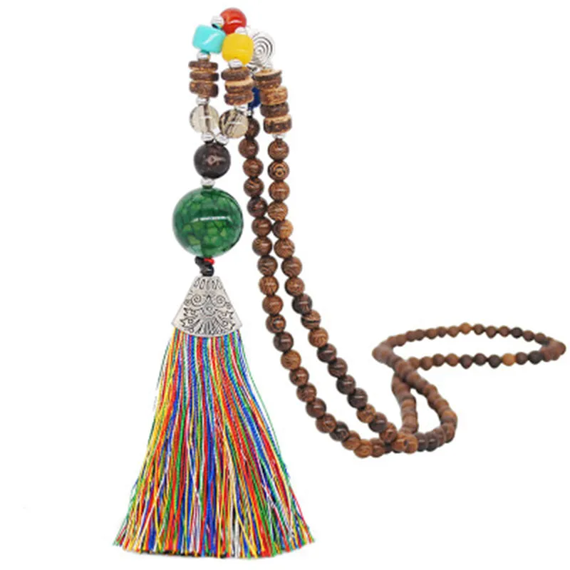 Agate Pendant Beaded Tassel Necklace National Art Sweater Chain Pendant