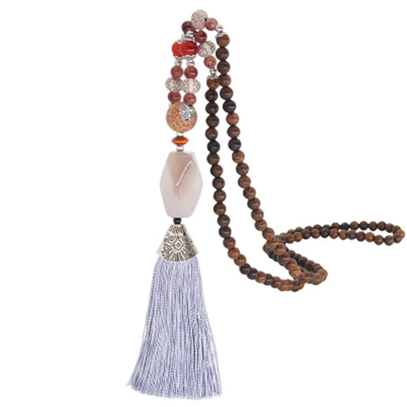 Agate Pendant Beaded Tassel Necklace National Art Sweater Chain Pendant
