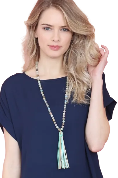 Amazonite Colorful Natural Stone and Glass Beads with Tassel Necklace - Pack of 6