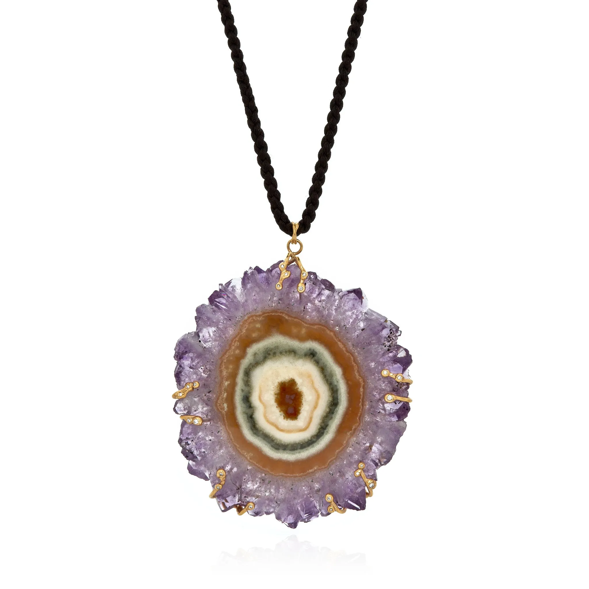 Amethyst "flower" slice pendant in 18k yellow gold vine with white diamonds.