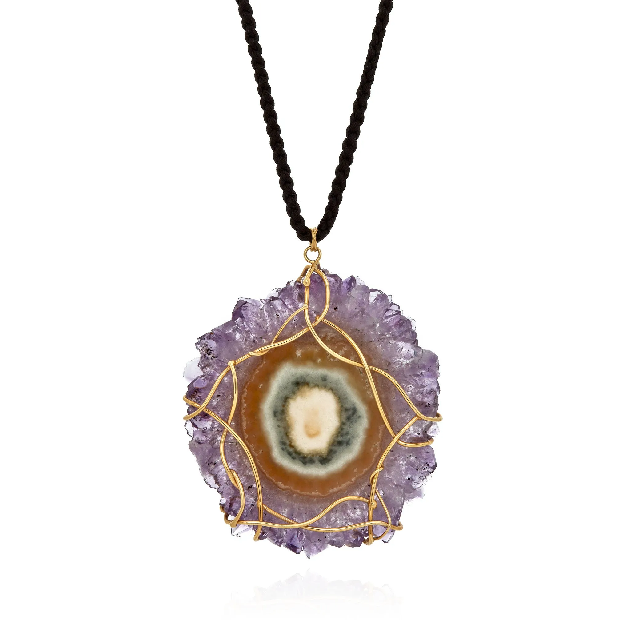 Amethyst "flower" slice pendant in 18k yellow gold vine with white diamonds.