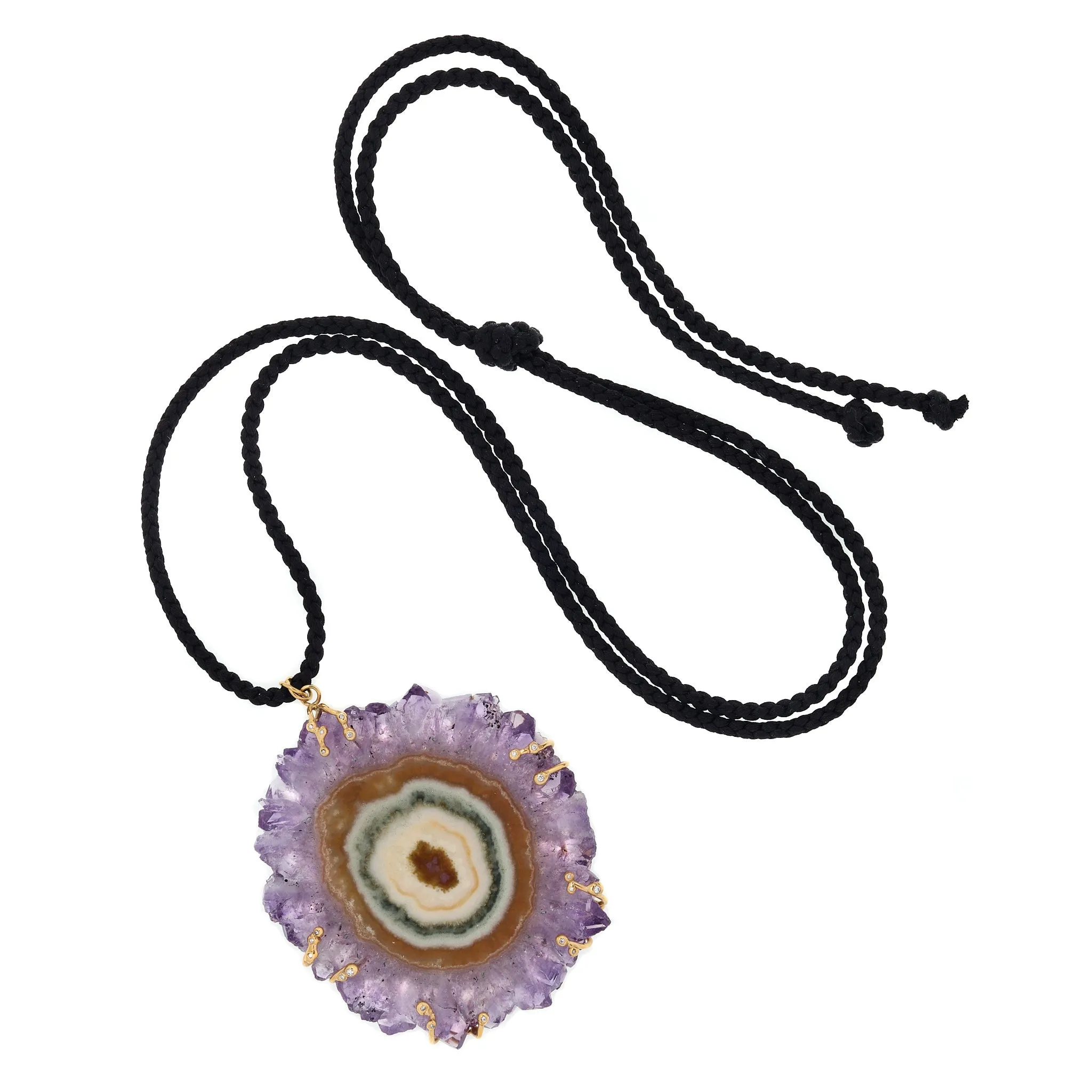 Amethyst "flower" slice pendant in 18k yellow gold vine with white diamonds.