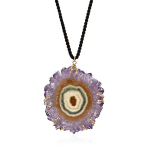 Amethyst "flower" slice pendant in 18k yellow gold vine with white diamonds.