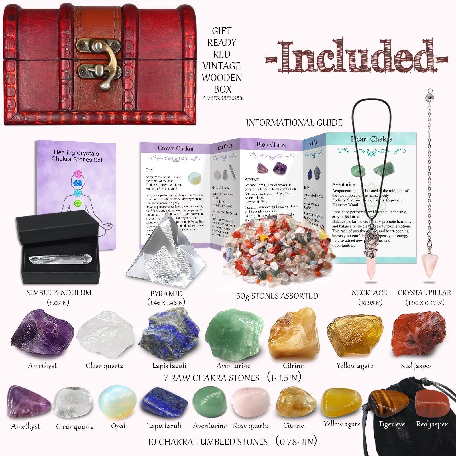 AMill 23PCS Natural Crystals and Healing Stones Set, 7 Raw Chakra Stones,10pcs Tumbled Stones, Pink Pillar Crystal Necklaces & Pendulum, White Pyramid & Pillar, 50g Stones Assorted, Wooden Box