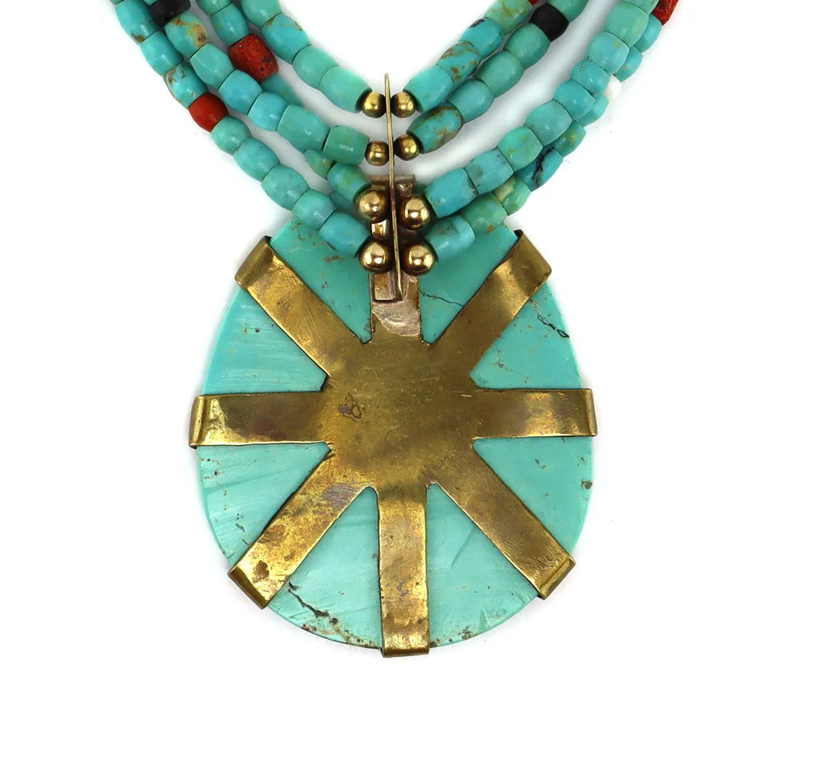 Anthony "Tony" (1919-2002) or Wayne (b. 1966) Aguilar - Santo Domingo (Kewa) - 4-Strand Turquoise/Multi-Stone Beaded and Brass Necklace c. 1980-90s, 13.5" length