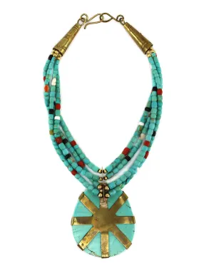 Anthony "Tony" (1919-2002) or Wayne (b. 1966) Aguilar - Santo Domingo (Kewa) - 4-Strand Turquoise/Multi-Stone Beaded and Brass Necklace c. 1980-90s, 13.5" length