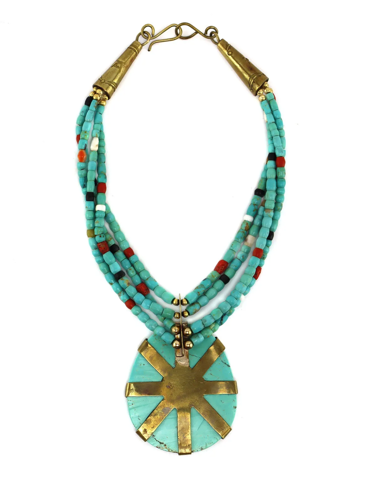 Anthony "Tony" (1919-2002) or Wayne (b. 1966) Aguilar - Santo Domingo (Kewa) - 4-Strand Turquoise/Multi-Stone Beaded and Brass Necklace c. 1980-90s, 13.5" length