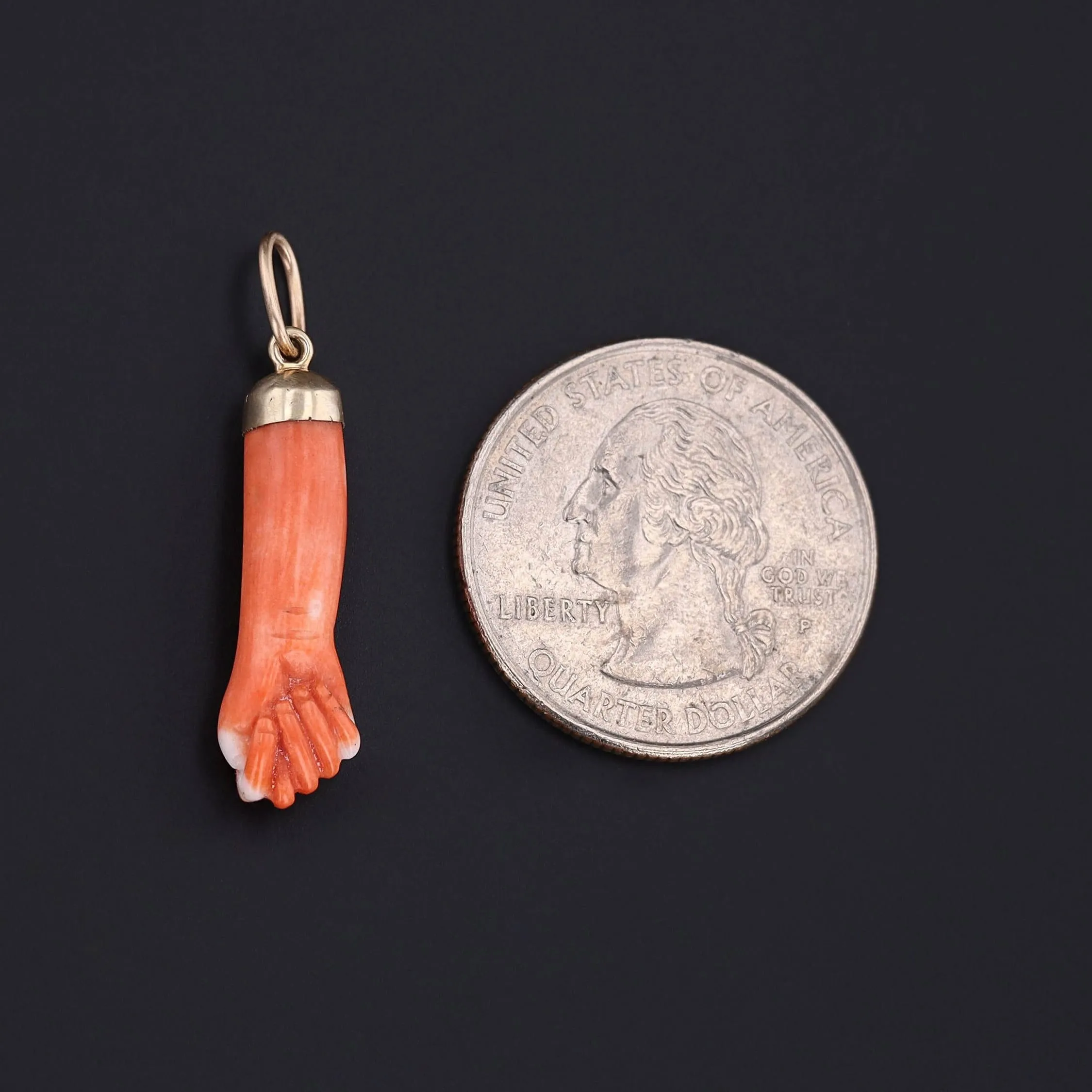 Antique Carved Coral Figa Charm of 14k Gold