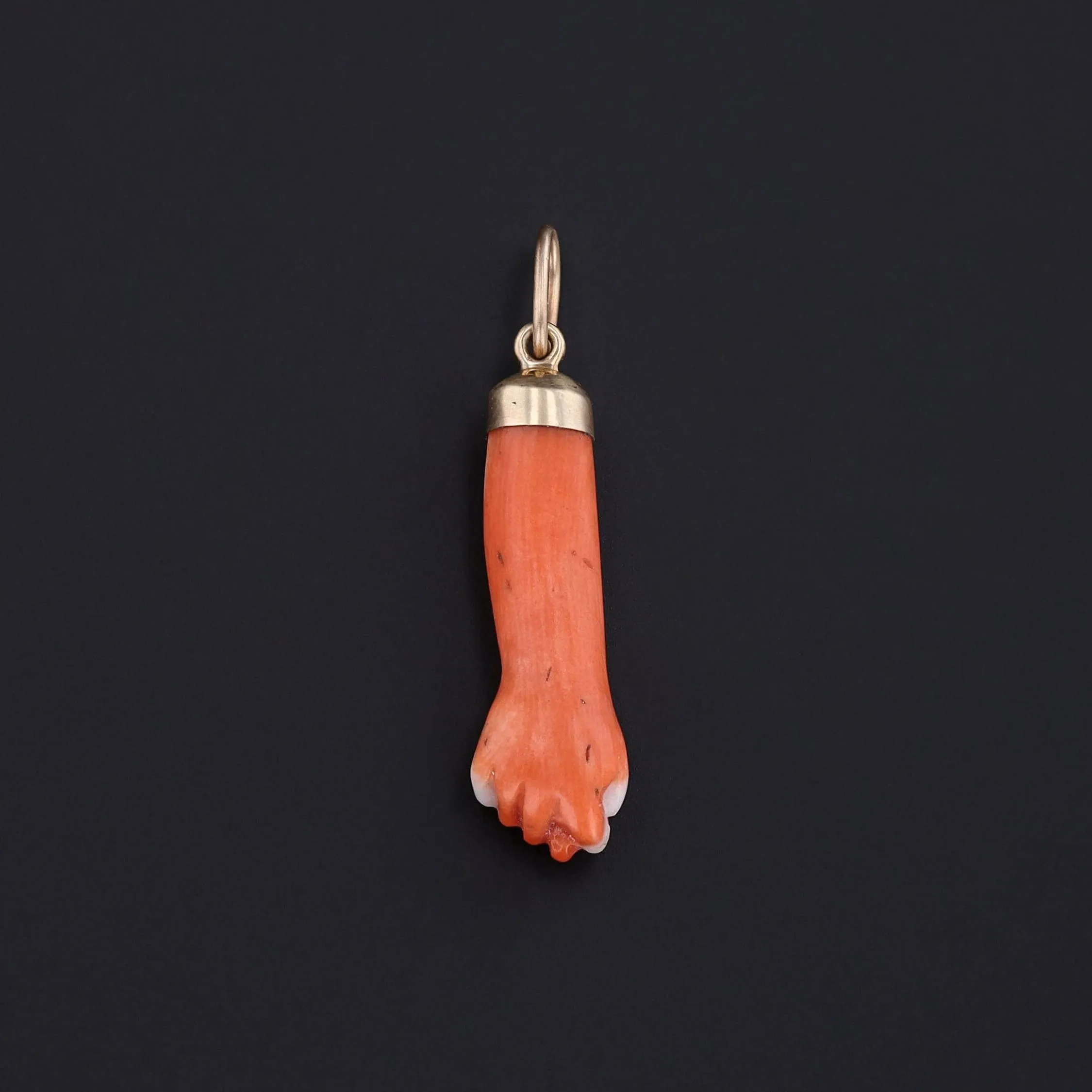 Antique Carved Coral Figa Charm of 14k Gold