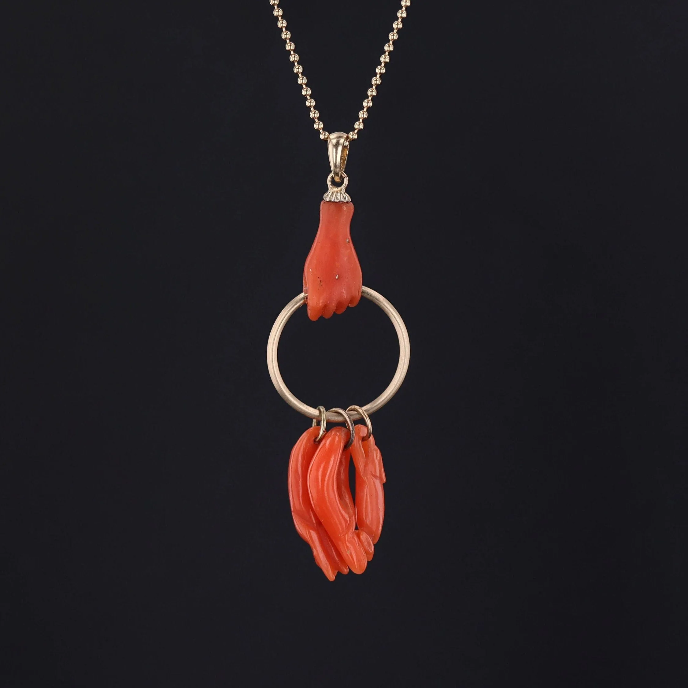 Antique Coral Figa Hand Charm Necklace | 14k Gold & Coral Pendant with Optional 14k Gold Chain