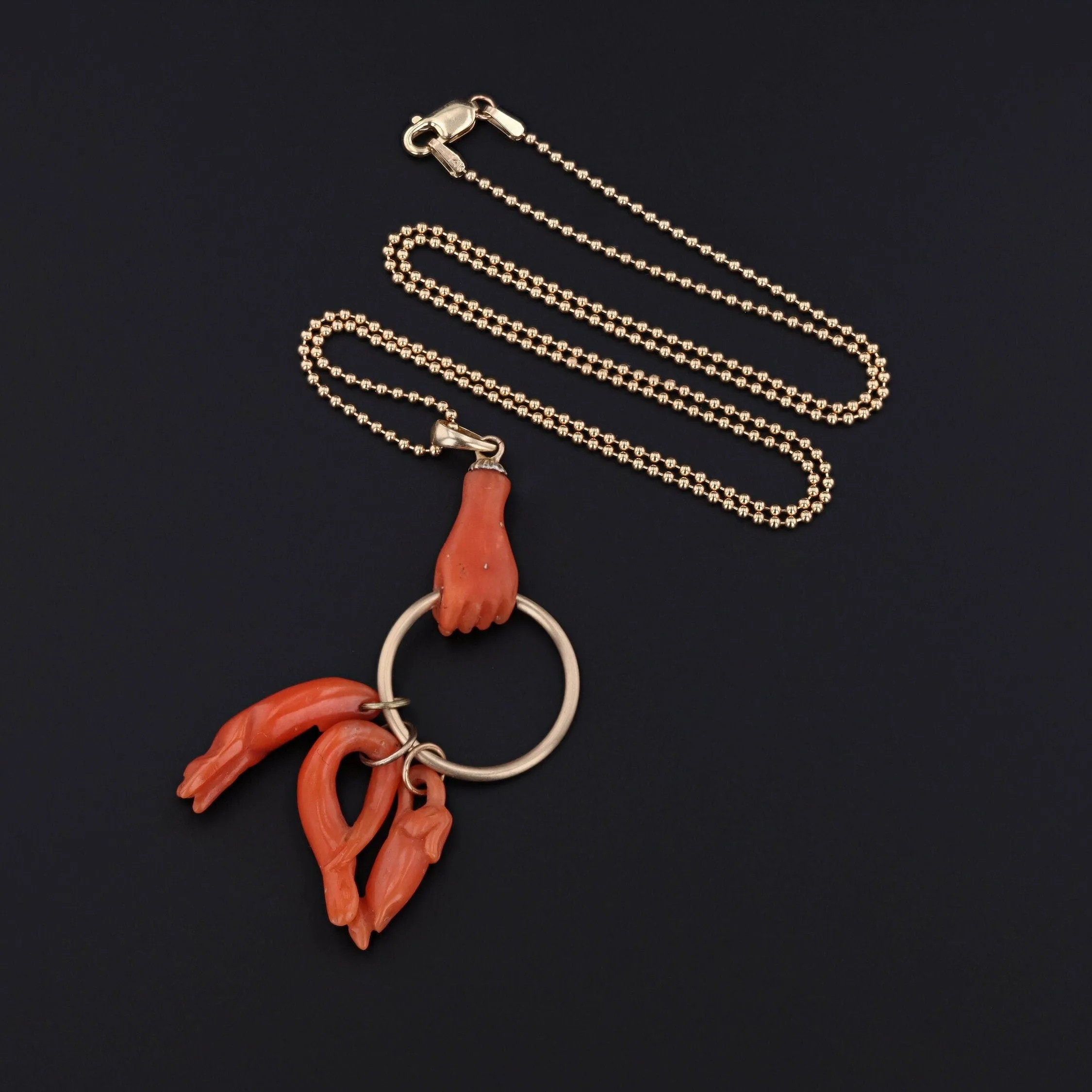 Antique Coral Figa Hand Charm Necklace | 14k Gold & Coral Pendant with Optional 14k Gold Chain