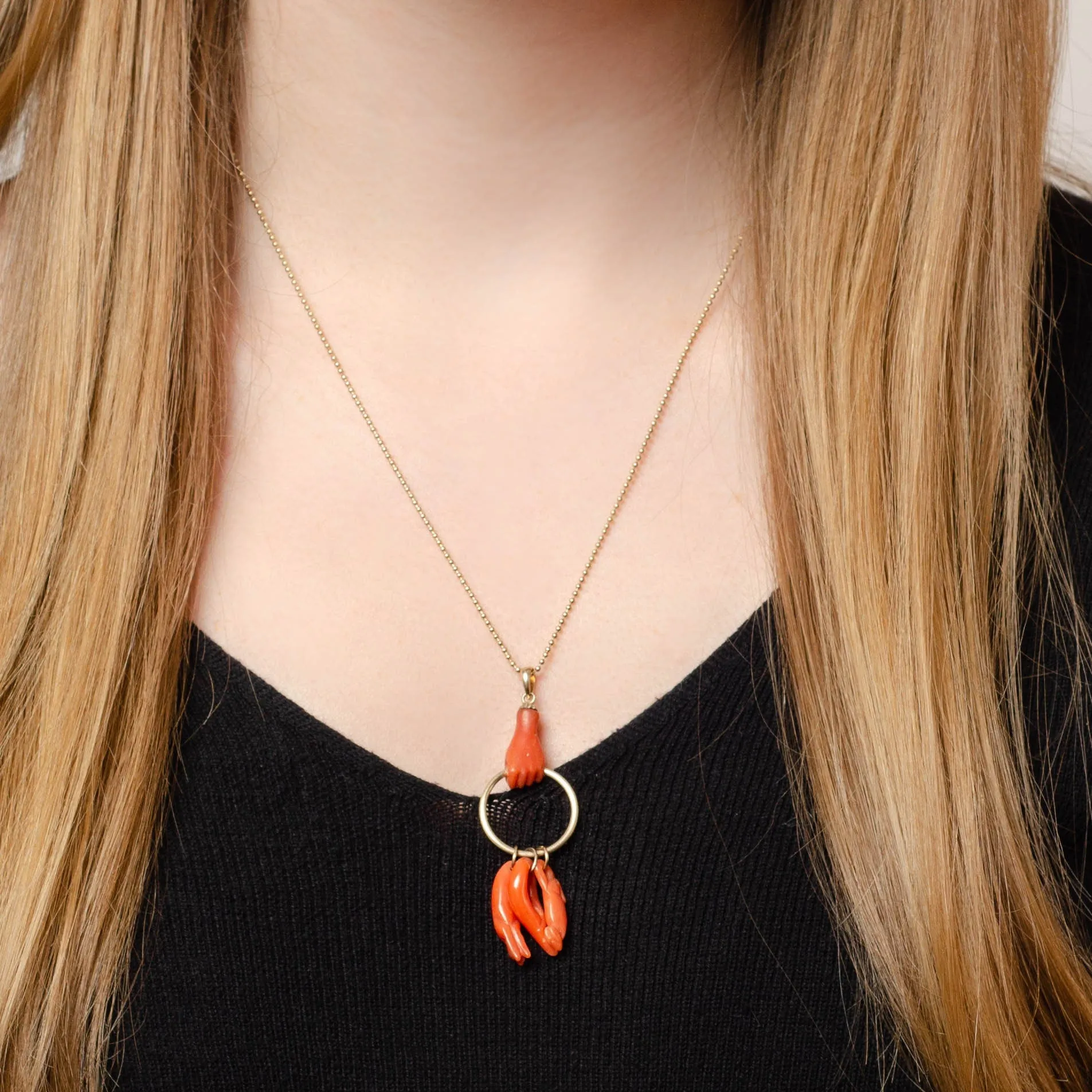 Antique Coral Figa Hand Charm Necklace | 14k Gold & Coral Pendant with Optional 14k Gold Chain