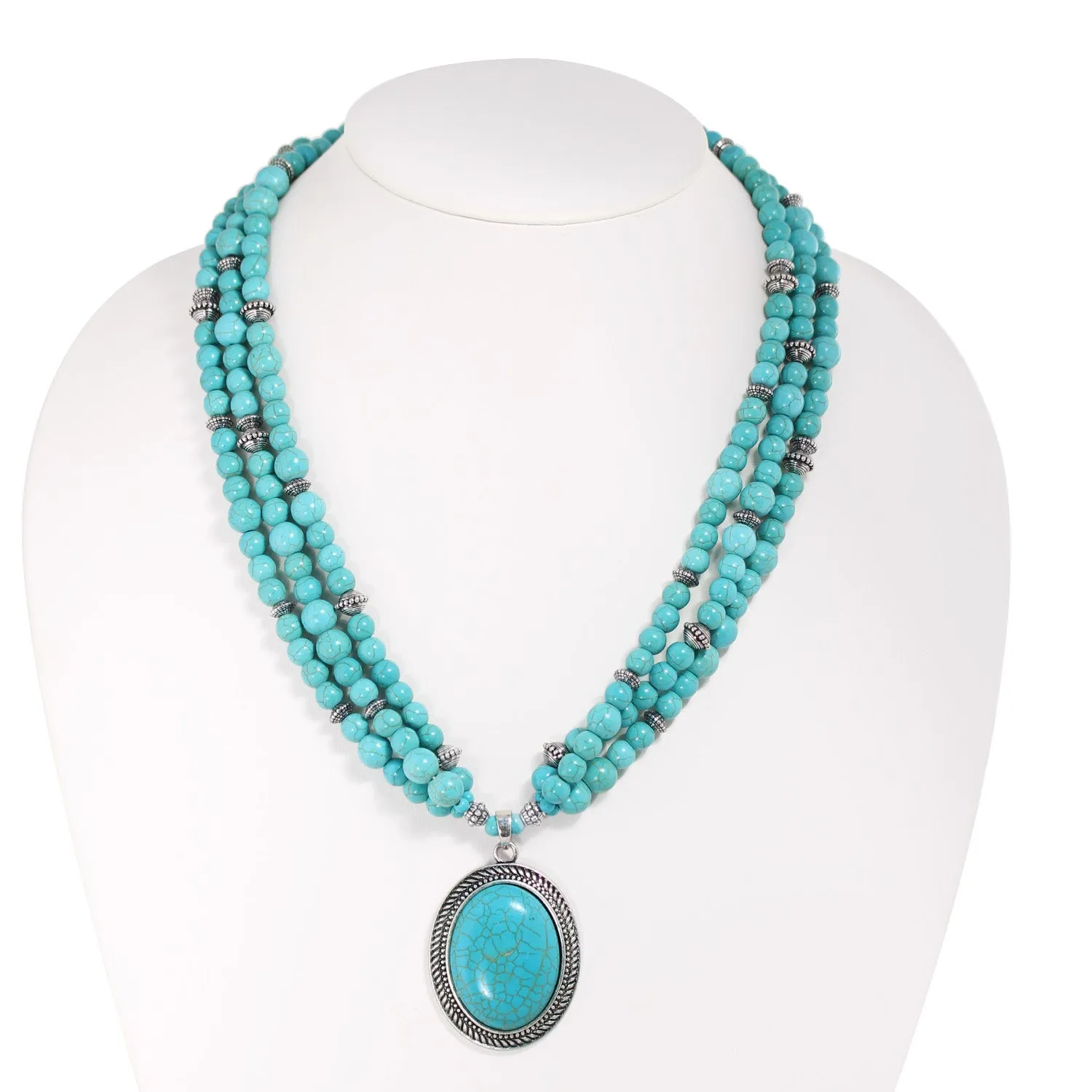 Antique Look Silver-Tone Multi-Strand Turquoise Beads And Oval Pendant Necklace #HNN88855-1 (LF22)