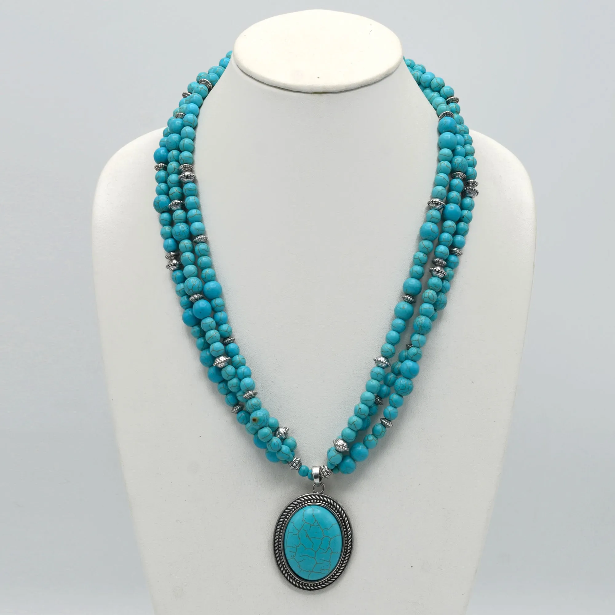 Antique Look Silver-Tone Multi-Strand Turquoise Beads And Oval Pendant Necklace #HNN88855-1 (LF22)