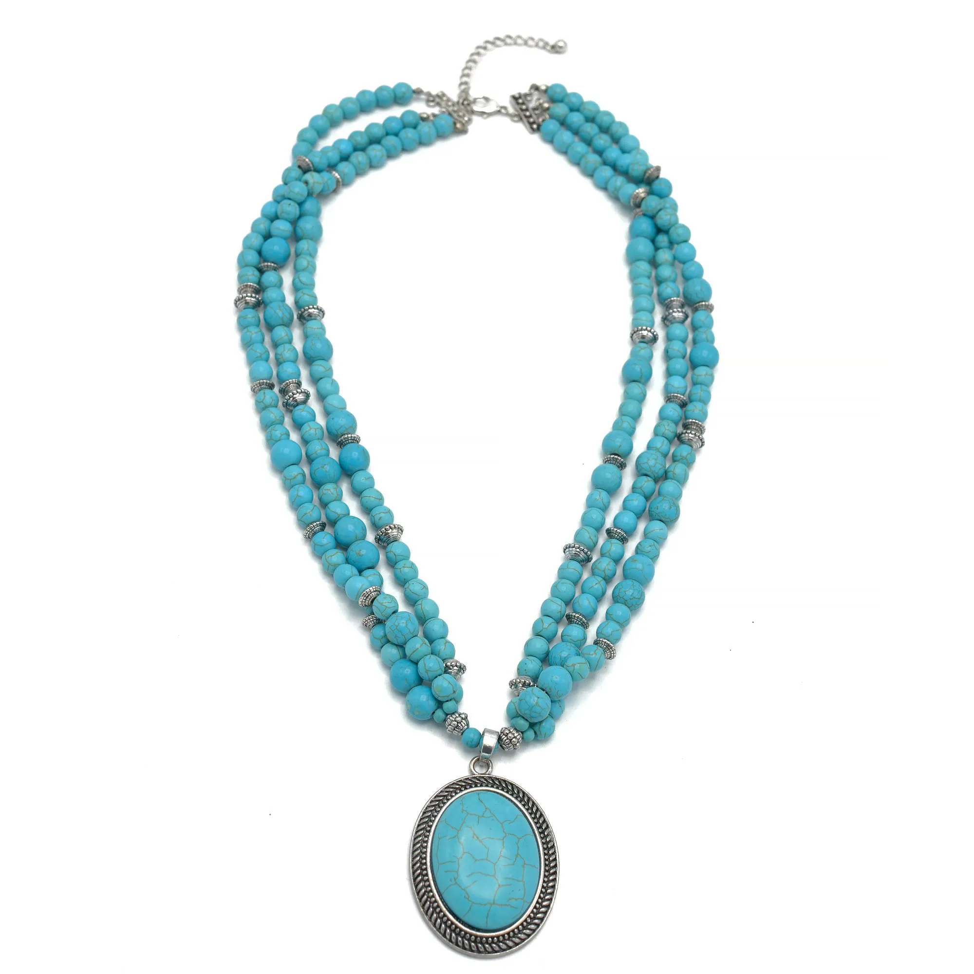 Antique Look Silver-Tone Multi-Strand Turquoise Beads And Oval Pendant Necklace #HNN88855-1 (LF22)